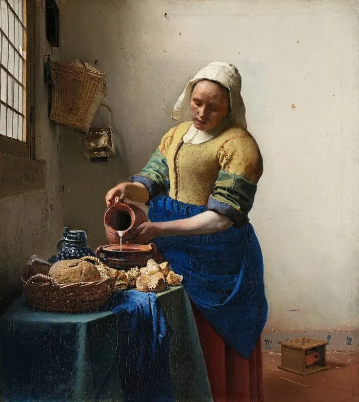 „Die Milchmagd“, um 1658, von Johannes Vermeer. Öl auf Leinwand; 45,2 cm × 40,6 cm. Mauritshuis, Den Haag. Foto: gemeinfrei