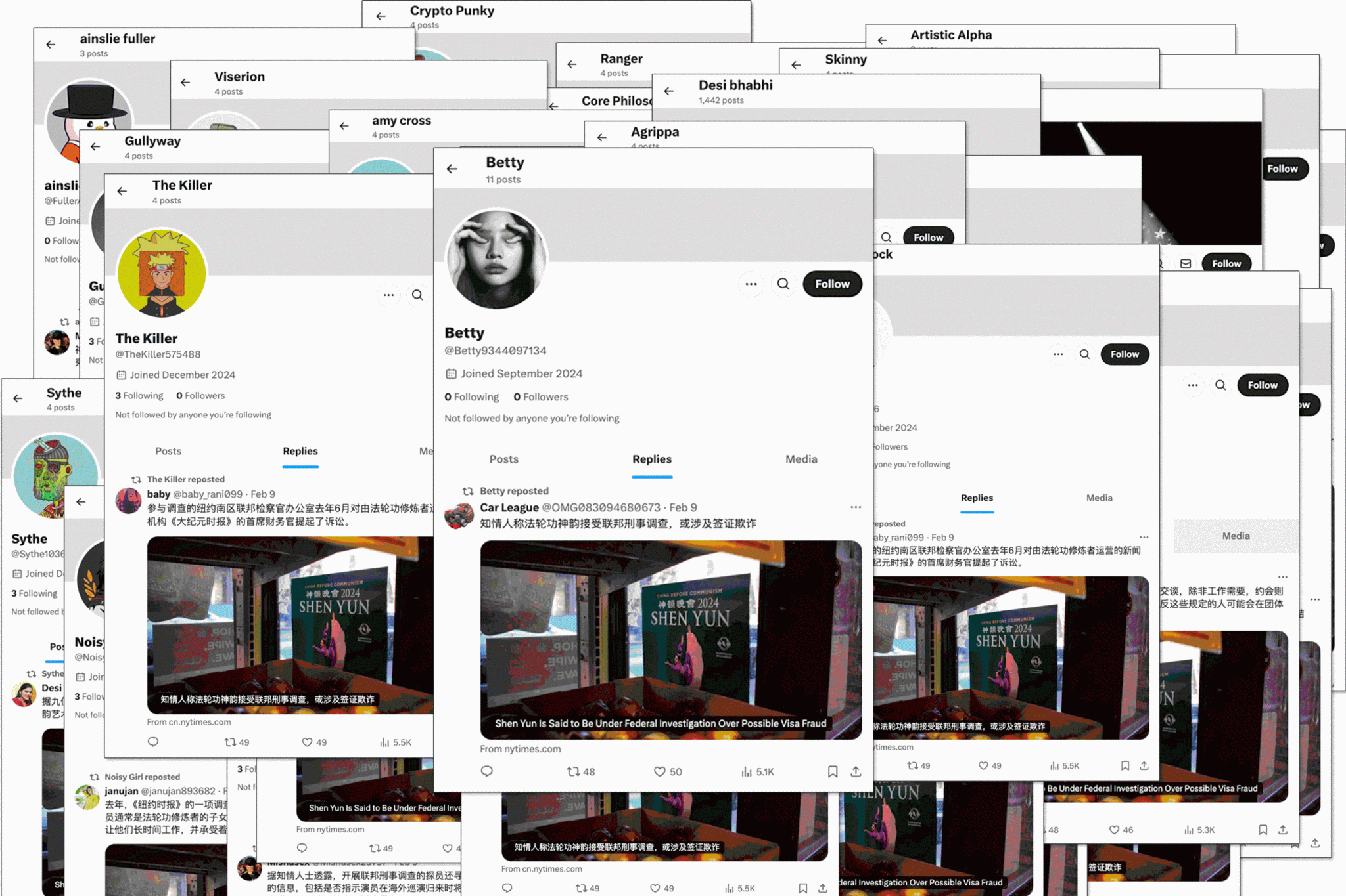 Screenshots von gefälschten Accounts, die den Bericht der New York Times über Shen Yun Performing Arts auf X veröffentlichten und weiterverbreiteten. Die Plattform löschte nach einer Recherche der Epoch Times zahlreiche dieser Accounts. Foto: X/Screenshots via The Epoch Times