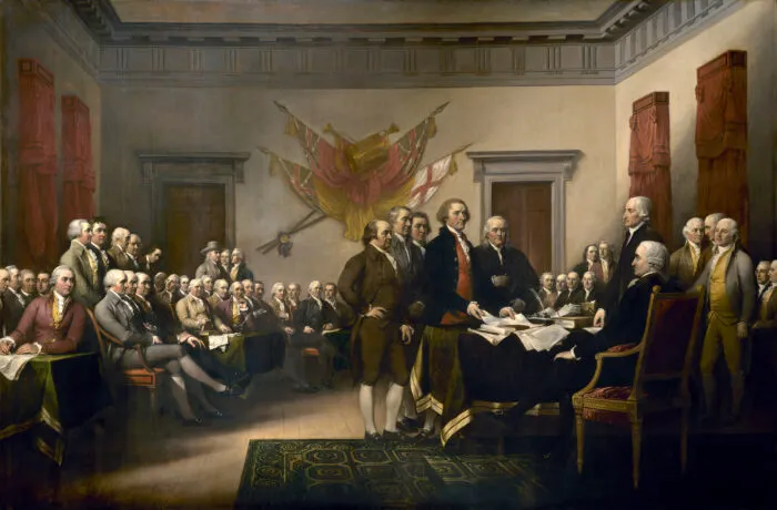 Das Ölgemälde „Unabhängigkeitserklärung“ von John Trumbull aus dem Jahr 1819. Früher wurde Geschichte als eine von oben geschriebene Erzählung betrachtet; große Ereignisse wurden als Teil einer umfassenderen Ordnung mit Sinn und Absicht verstanden. Foto: Public domain, via Wikimedia Commons