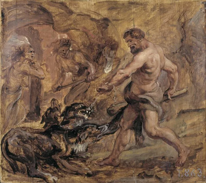 Herakles ringt mit dem Tod in Form des Höllenhundes Kerberos