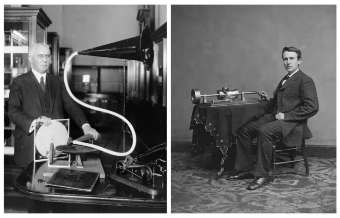 (Links) Der deutsch-amerikanische Ingenieur Emile Berliner mit dem Modell des ersten von ihm erfundenen Phonographen, um 1920. (Rechts) Thomas Edison und sein Phonograph, um 1877. Fotos: unbekannter Autor und Levin C. Handy (per http://hdl.loc.gov/loc.pnp/cwpbh.04326), gemeinfrei