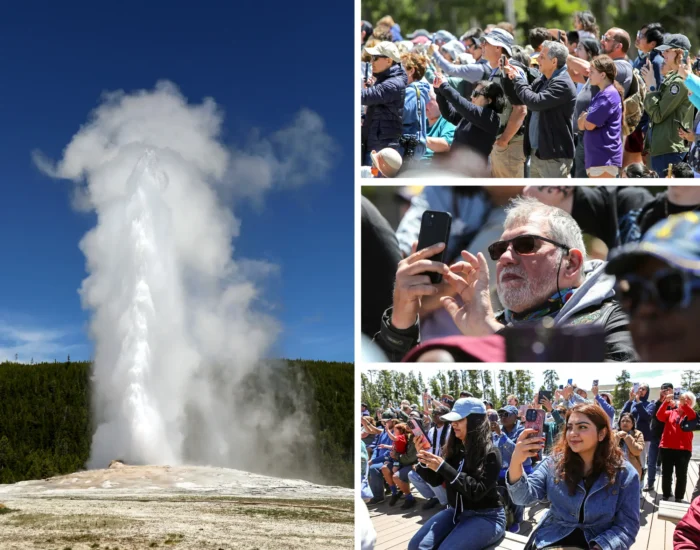 (Links) Der Kegelgeysir Old Faithful bricht am 2. Juni 2026 im Yellowstone-Nationalpark aus. Er ist der aktivste große Geysir des Parks. (Oben rechts) Zuschauer beobachten den Ausbruch des Kegelgeysirs Old Faithful am 2. Juni 2026 im Yellowstone-Nationalpark. Ein Ausbruch kann bis zu fünf Minuten dauern. (Mitte rechts) Ein Zuschauer fotografiert Old Faithful am 2. Juni 2026 im Yellowstone-Nationalpark. Die Mitglieder der Washburn-Expedition von 1870, die die Region kartierten, nannten den Geysir „Uhr der Ewigkeit“. (Unten rechts) Kanzul Fatima (rechts) und ihre Schwester dokumentieren den Ausbruch des Geysirs Old Faithful im Yellowstone-Nationalpark am 2. Juni 2026. Der Geysir schleudert bei seinem Ausbruch Wasser 27 bis 56 Meter hoch in die Luft. Foto: Bobby Sanchez/Epoch Times