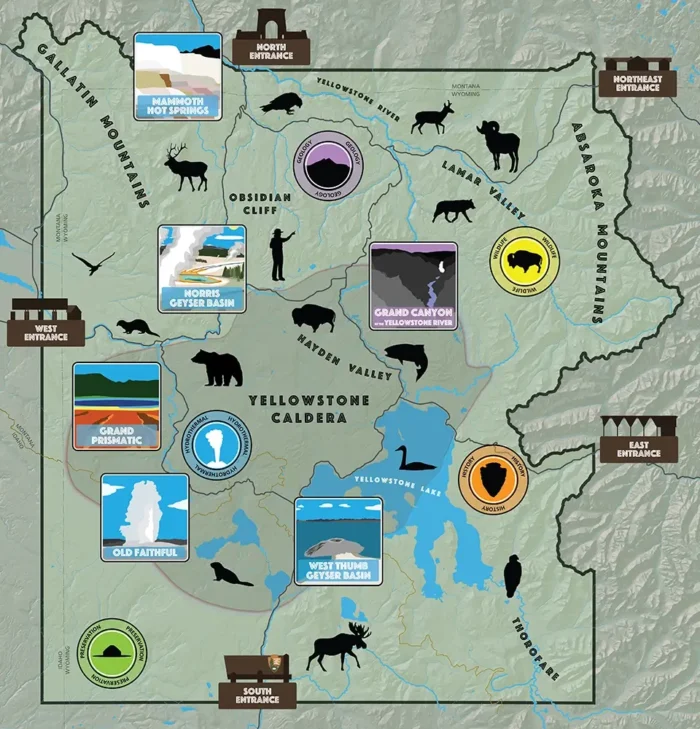 Eine Karte zeigt die Eingänge zum Yellowstone-Nationalpark sowie die ungefähre Lage von Naturwundern und Gebieten, in denen häufig Wildtiere beobachtet werden. Foto: National Park Service