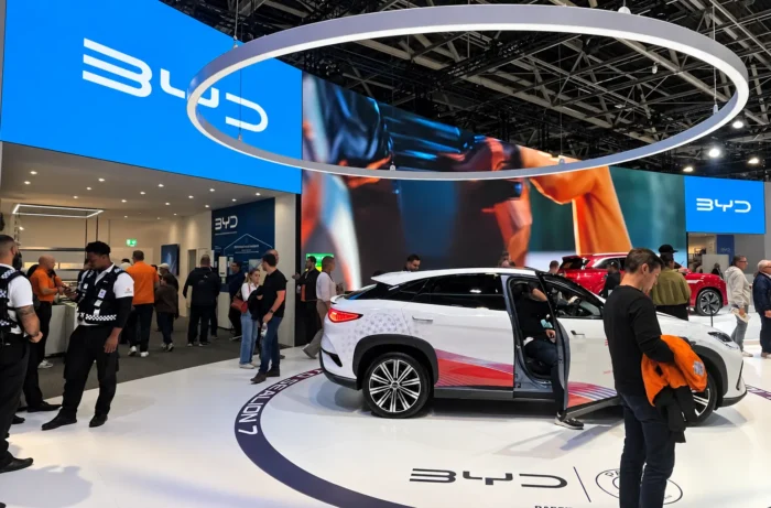 Besucher begutachten Fahrzeuge am Stand des chinesischen Automobilherstellers BYD auf der Pariser Automobilmesse am 14. Oktober 2026.